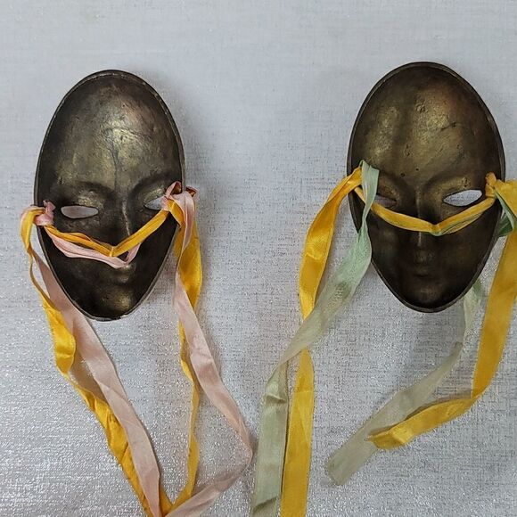 Vintage Solid Brass Set Of Theater Mask - Picture 6 of 8